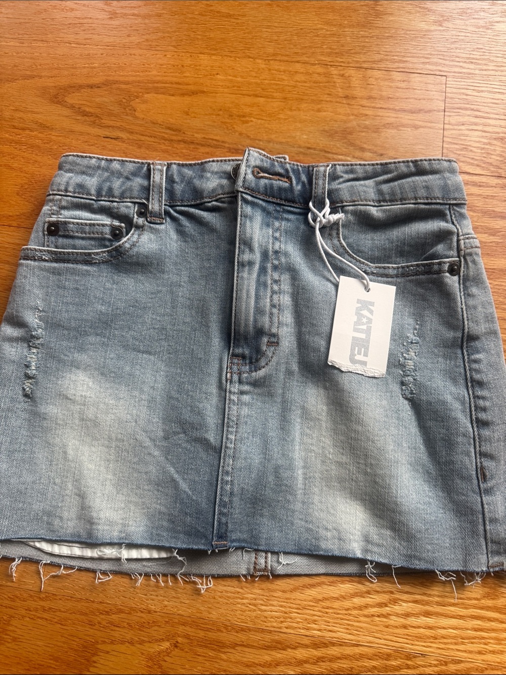 Katie J NYC Washed Blue Denim Mini Skirt